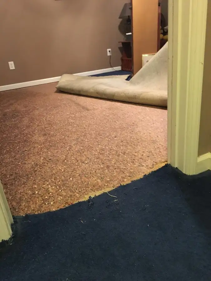 Carpet pad removal revealing water damage during Water Mitigation Services in Prairie du Chien